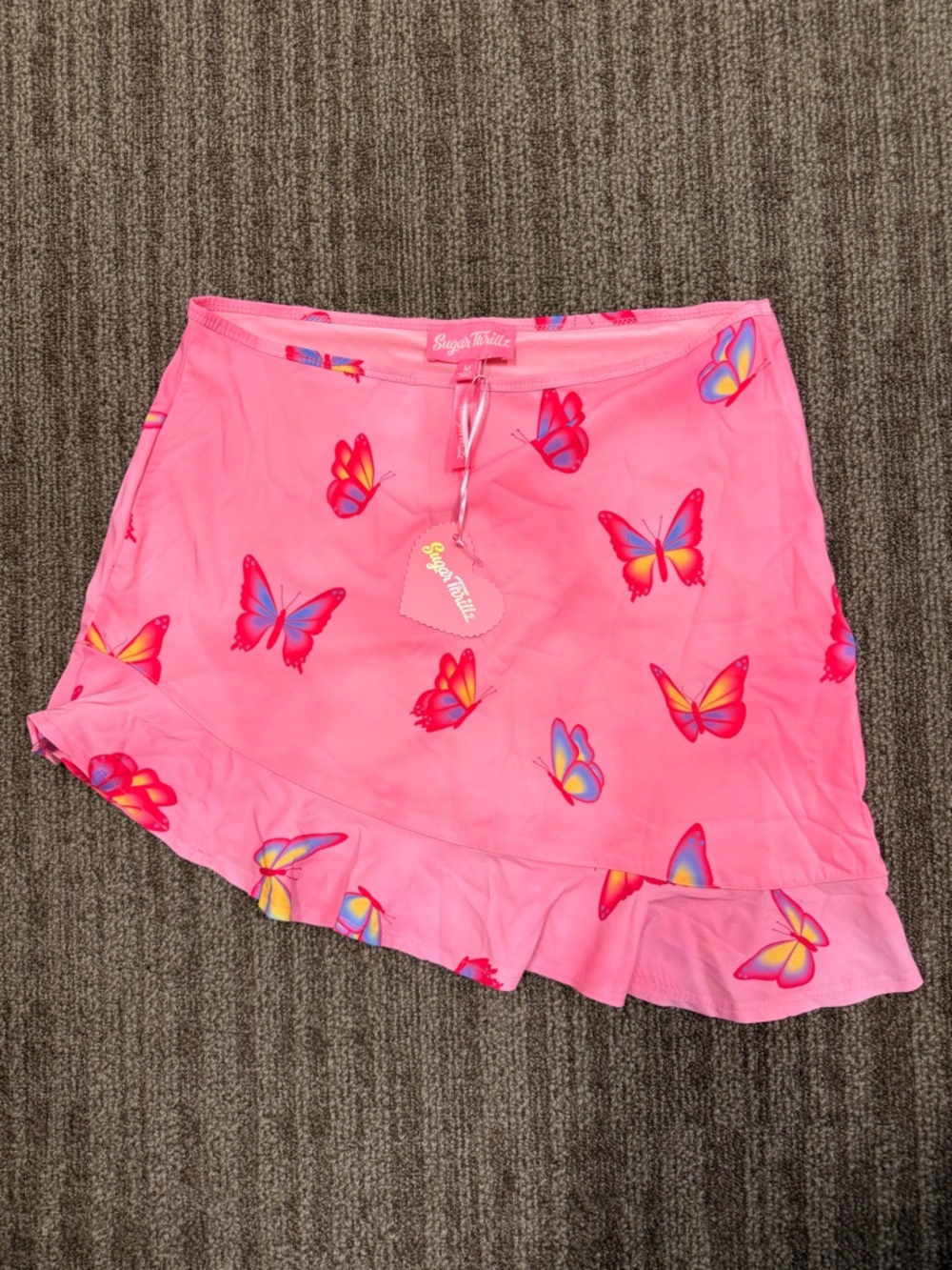 Sugar Thrillz Pink Butterfly Asymmetrical Ruffle Mini Skirt